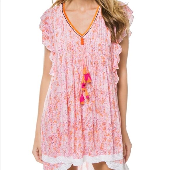 Poupette St Barth | Sasha Mini Dress Orange Pink Crochet Trim Size Large - Picture 1 of 10